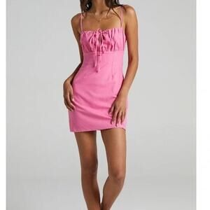 NWT Showpo Dress Sz 6 Break Free With Me Pink Linen Look Mini Gathered